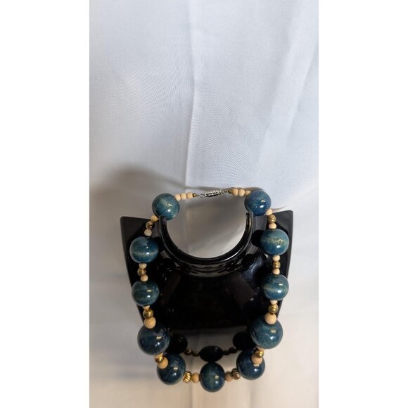 3 for $30 Vintage large block wood necklace | blue, gold and wood tone | retro - Picture 4 of 7